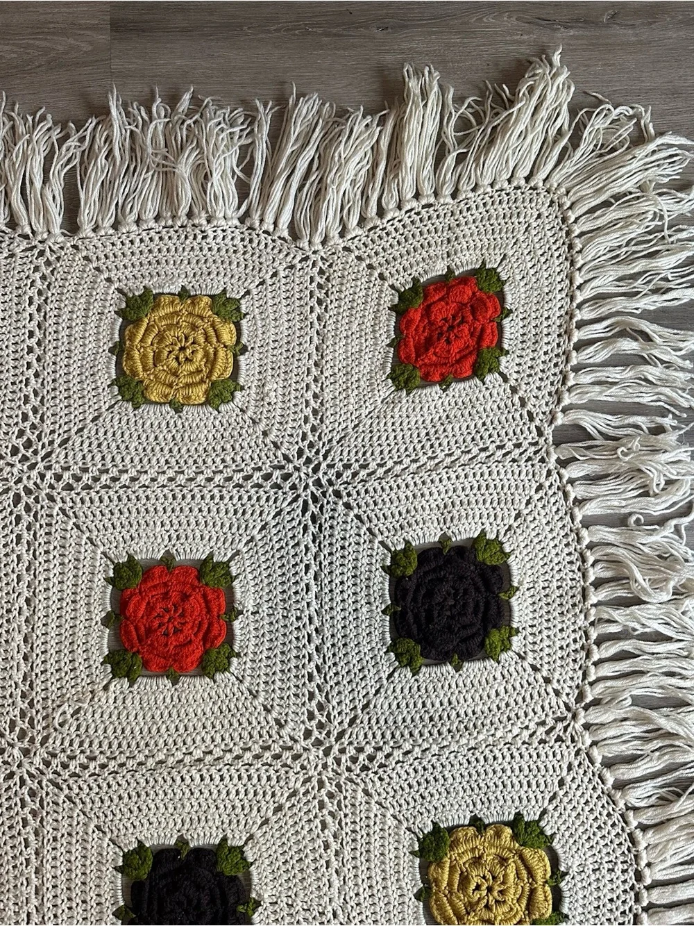 HUGE Vintage 1970s Handmade Granny Square Crochet Floral Afghan